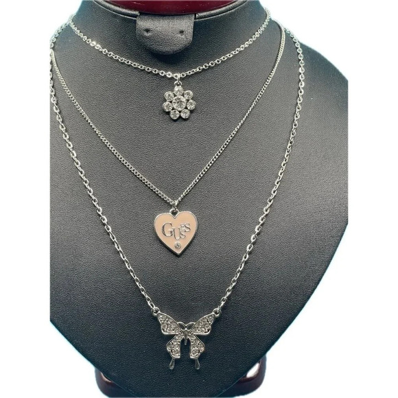 Guess Silver Logo Pave Butterfly Heart Pave Flower Charm 3 Strand Chain Necklace - Picture 2 of 6